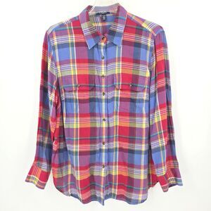 Chaps Button Up Down Shirt Womens Size 1X Rainbow Plaid Old Money Western Fall